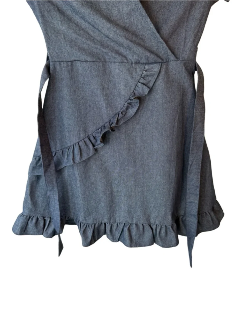 Beauty Fashion Kids Denim Look Wrap Dress Size L Fits Smaller Ruffle Hem - Picture 9 of 11